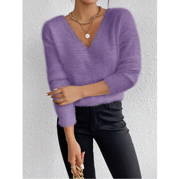 Purple Fuzzy V-Neck Pullover Knit Sweater Long Sleeve - Picture 5 of 7